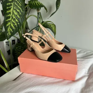 Black toe square heel kitten slingback heels tan