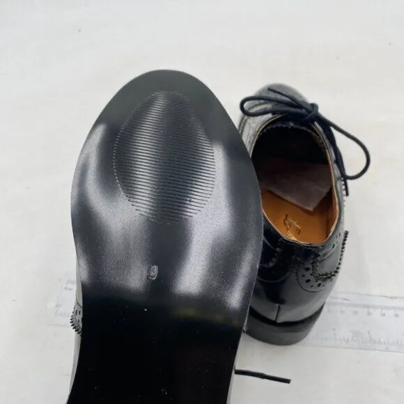 Black Women's Perforated Lace-Up Oxfords Almond Toe Chunky Heel Brogues Casual