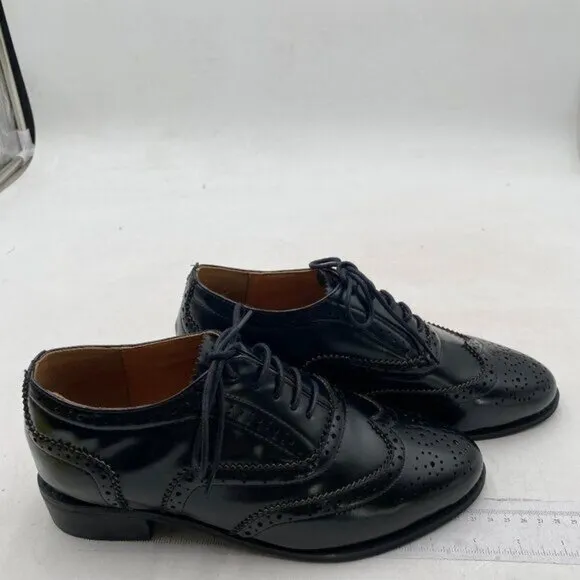Black Women's Perforated Lace-Up Oxfords Almond Toe Chunky Heel Brogues Casual