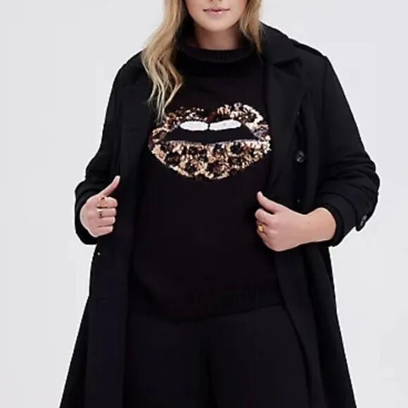 bling Lips Mock Neck Sweater Leopard Animal Print Sequins Lips Black NEW Torrid