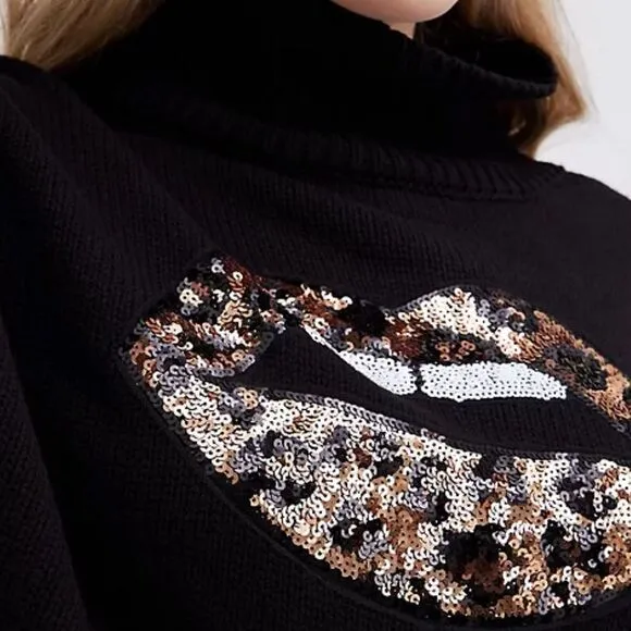 bling Lips Mock Neck Sweater Leopard Animal Print Sequins Lips Black NEW Torrid