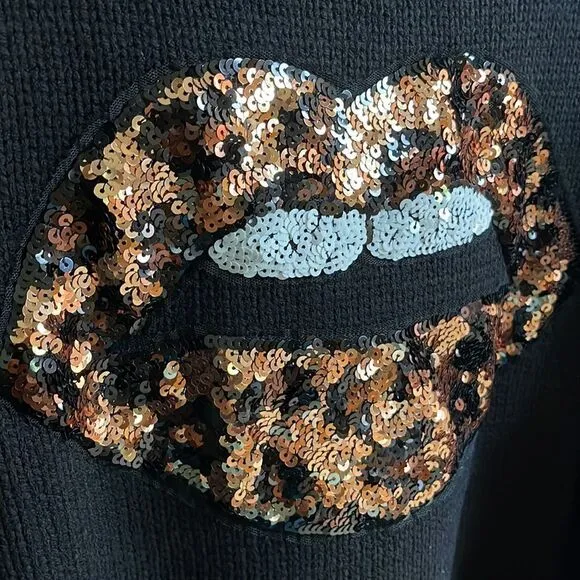 bling Lips Mock Neck Sweater Leopard Animal Print Sequins Lips Black NEW Torrid