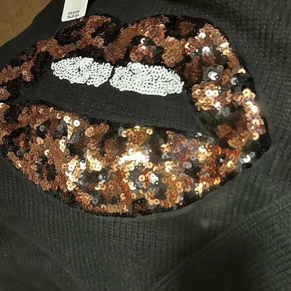 bling Lips Mock Neck Sweater Leopard Animal Print Sequins Lips Black NEW Torrid