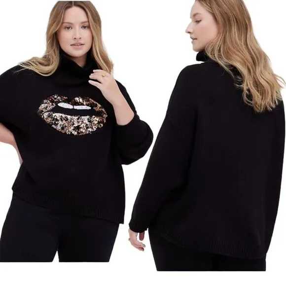 bling Lips Mock Neck Sweater Leopard Animal Print Sequins Lips Black NEW Torrid