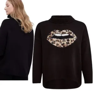 bling Lips Mock Neck Sweater Leopard Animal Print Sequins Lips Black NEW Torrid