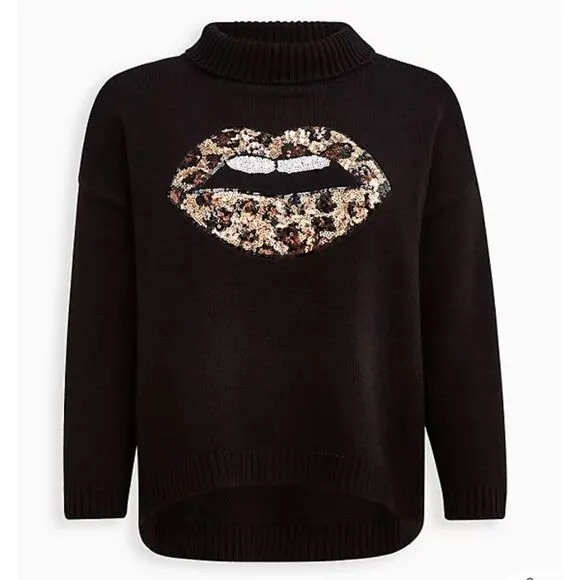 bling Lips Mock Neck Sweater Leopard Animal Print Sequins Lips Black NEW Torrid