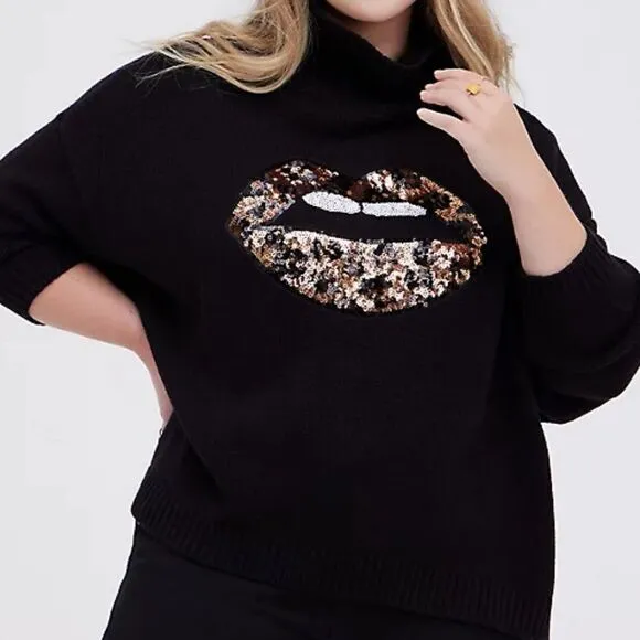 bling Lips Mock Neck Sweater Leopard Animal Print Sequins Lips Black NEW Torrid