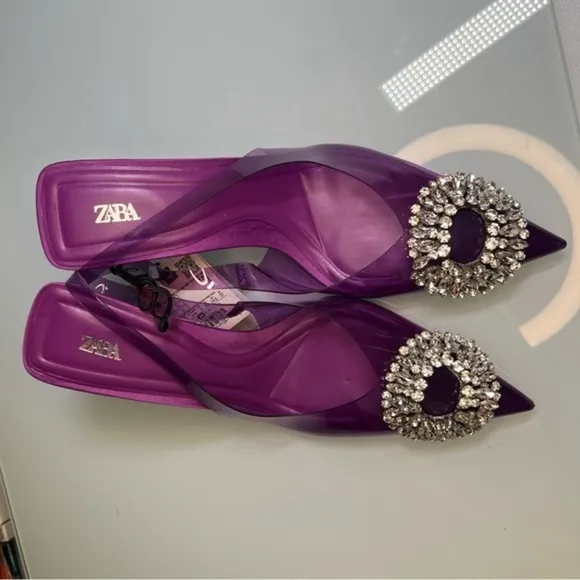 Blogger Trending Favorite Zara Embellished Vinyl Slingback Heels Rhinestones NWT