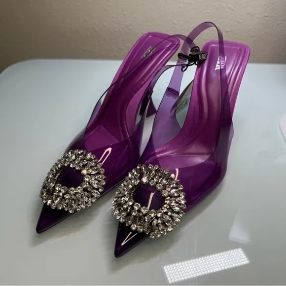 Blogger Trending Favorite Zara Embellished Vinyl Slingback Heels Rhinestones NWT