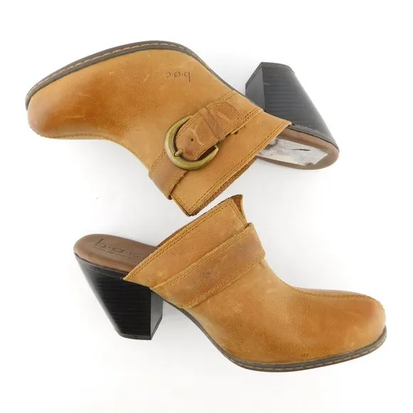 B.O.C. Born Brown Leather Belted Buckle Block Heel Mules 7 / 38
