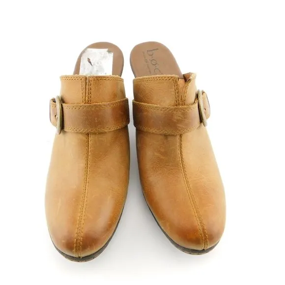 B.O.C. Born Brown Leather Belted Buckle Block Heel Mules 7 / 38