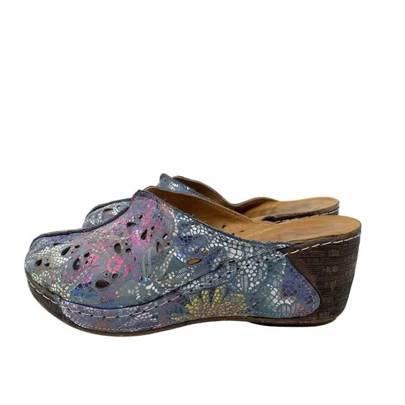 BoNaVi Size 37 Leather Wedge Clogs Sandals Comfort Slip On Laser Cutouts