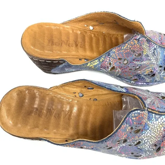 BoNaVi Size 37 Leather Wedge Clogs Sandals Comfort Slip On Laser Cutouts