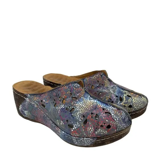 BoNaVi Size 37 Leather Wedge Clogs Sandals Comfort Slip On Laser Cutouts