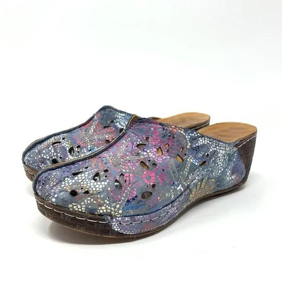BoNaVi Size 37 Leather Wedge Clogs Sandals Comfort Slip On Laser Cutouts