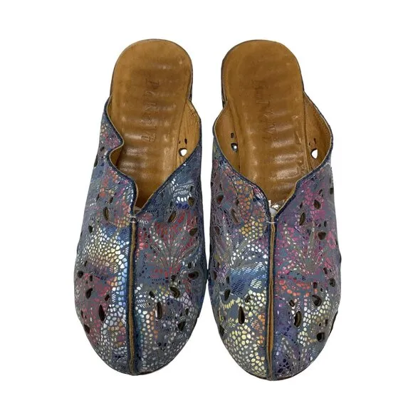 BoNaVi Size 37 Leather Wedge Clogs Sandals Comfort Slip On Laser Cutouts
