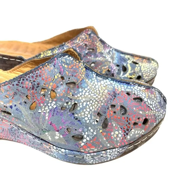 BoNaVi Size 37 Leather Wedge Clogs Sandals Comfort Slip On Laser Cutouts