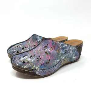 BoNaVi Size 37 Leather Wedge Clogs Sandals Comfort Slip On Laser Cutouts