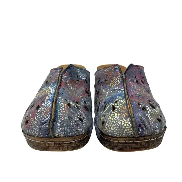 BoNaVi Size 37 Leather Wedge Clogs Sandals Comfort Slip On Laser Cutouts