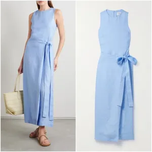 BONDI BORN Rhodes Blue Linen Sleeveless Maxi Wrap Dress // Size‎ Medium