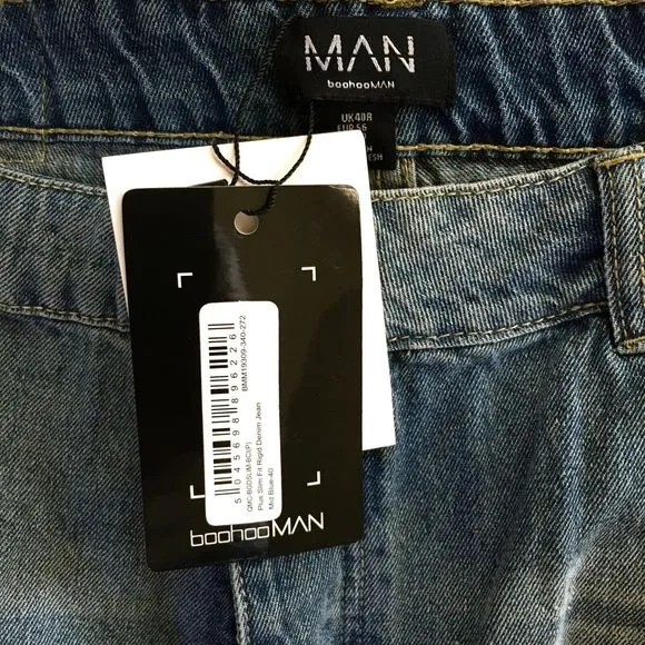 boohooMan Plus Slim Fit Rigid Denim Jean Mid Blue Button Fly Size 40 NWT