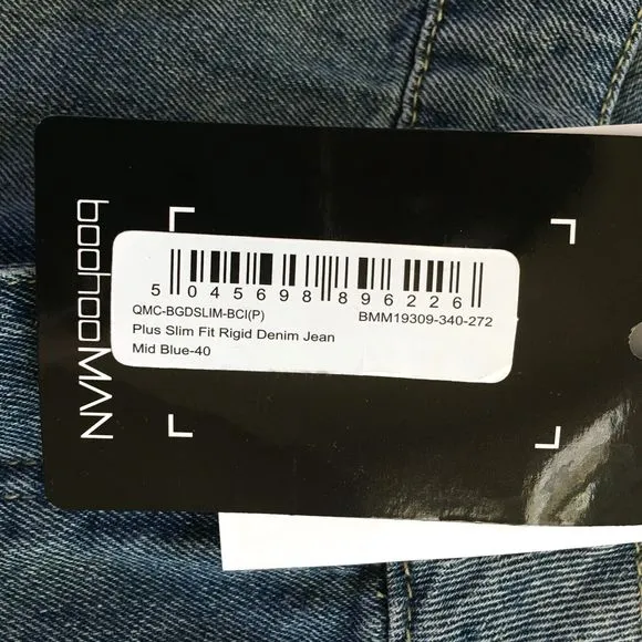 boohooMan Plus Slim Fit Rigid Denim Jean Mid Blue Button Fly Size 40 NWT