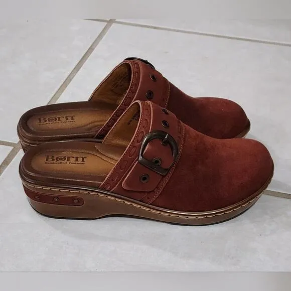 Born Banyan Dark Brick Distressed red suede leather clogs size 8 new!!!
