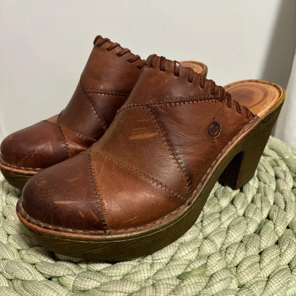 Born Brown Leather Patchwork Slip On Mule Clogs
