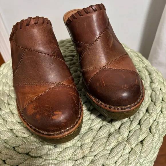 Born Brown Leather Patchwork Slip On Mule Clogs