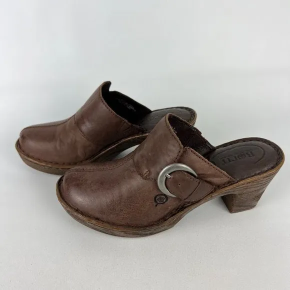 Born Gama Womens Brown Clogs Mules Leather Buckle Platform Comfort Shoes size 6