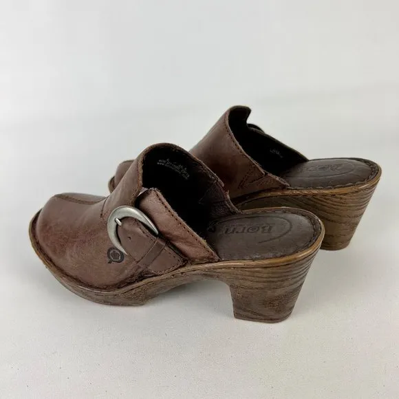 Born Gama Womens Brown Clogs Mules Leather Buckle Platform Comfort Shoes size 6