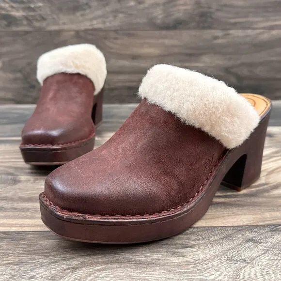 Born Hope 8M Shearling-Lined Open Back Heeled Distressed Leather Clogs Dark Red