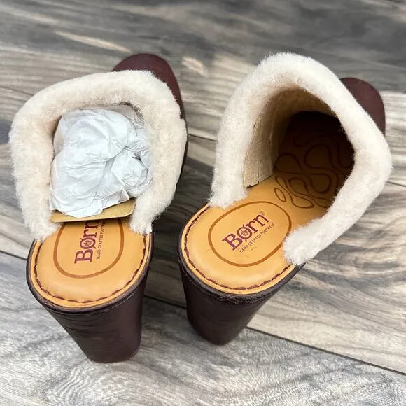 Born Hope 8M Shearling-Lined Open Back Heeled Distressed Leather Clogs Dark Red