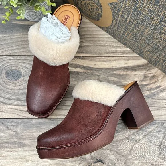 Born Hope 8M Shearling-Lined Open Back Heeled Distressed Leather Clogs Dark Red
