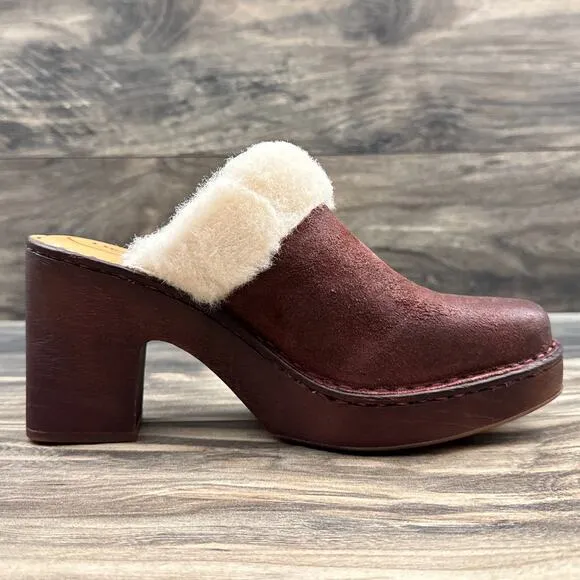 Born Hope 8M Shearling-Lined Open Back Heeled Distressed Leather Clogs Dark Red