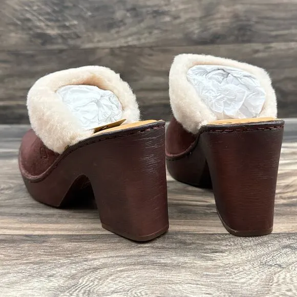 Born Hope 8M Shearling-Lined Open Back Heeled Distressed Leather Clogs Dark Red