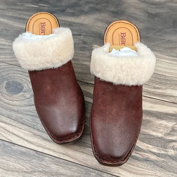 Born Hope 8M Shearling-Lined Open Back Heeled Distressed Leather Clogs Dark Red