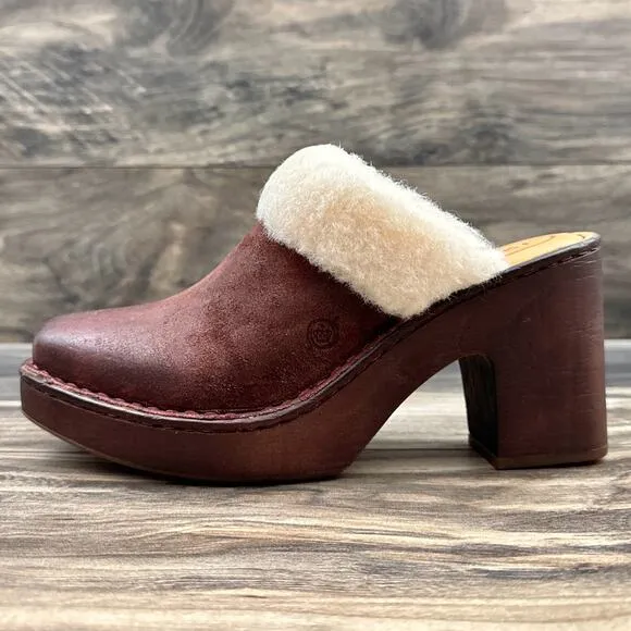 Born Hope 8M Shearling-Lined Open Back Heeled Distressed Leather Clogs Dark Red