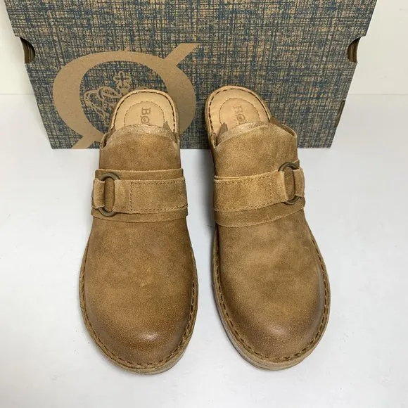 Born Nola Clogs Distressed Leather Buckle Wedge Heel Tan Camel Size 10 NEW