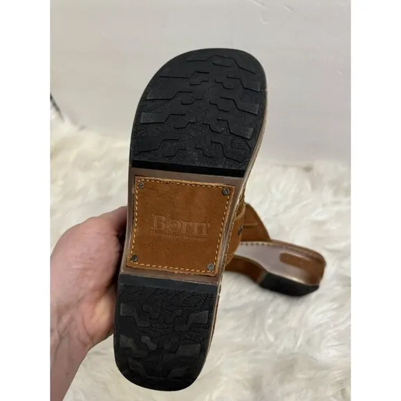 Born Size 8 Banyan Brown Leather Slip‎ On Clogs Comfort Shoe Buckle Distressed