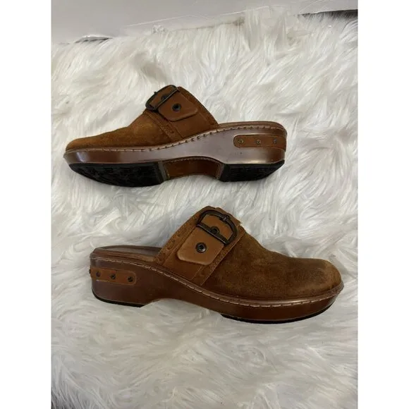 Born Size 8 Banyan Brown Leather Slip‎ On Clogs Comfort Shoe Buckle Distressed