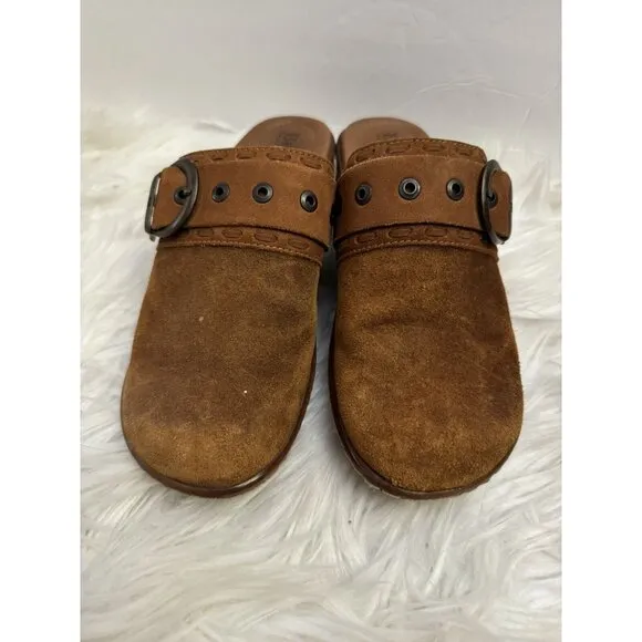 Born Size 8 Banyan Brown Leather Slip‎ On Clogs Comfort Shoe Buckle Distressed