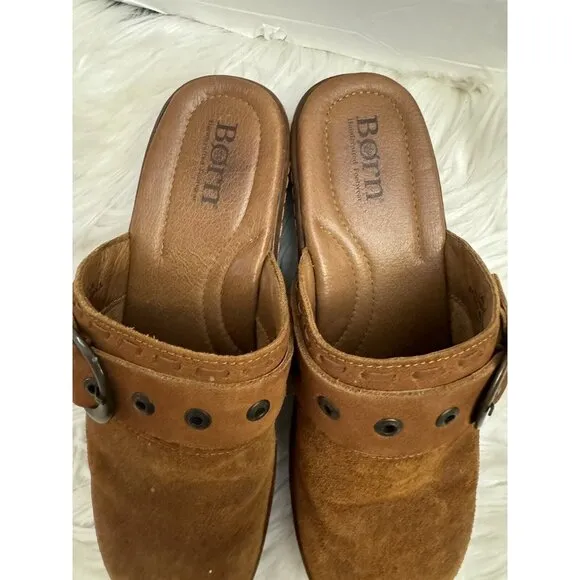 Born Size 8 Banyan Brown Leather Slip‎ On Clogs Comfort Shoe Buckle Distressed