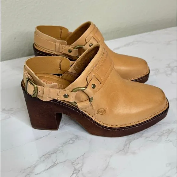 Born Sling Back Leather Clog Platform Size 7M Cognac