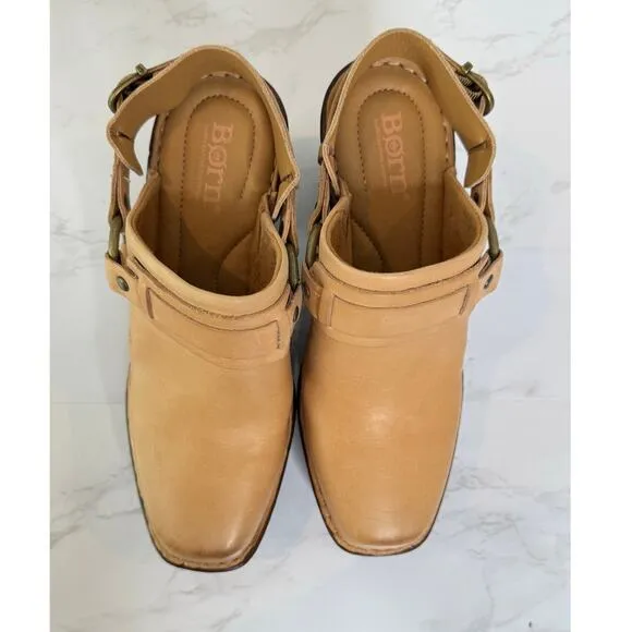Born Sling Back Leather Clog Platform Size 7M Cognac