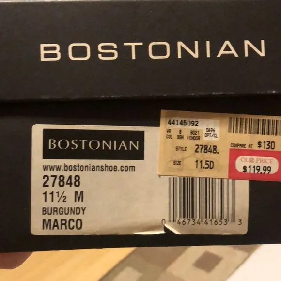 BOSTONIAN Size 11.5M Florentine Marco Leather Toe Caps Oxfords Burgundy