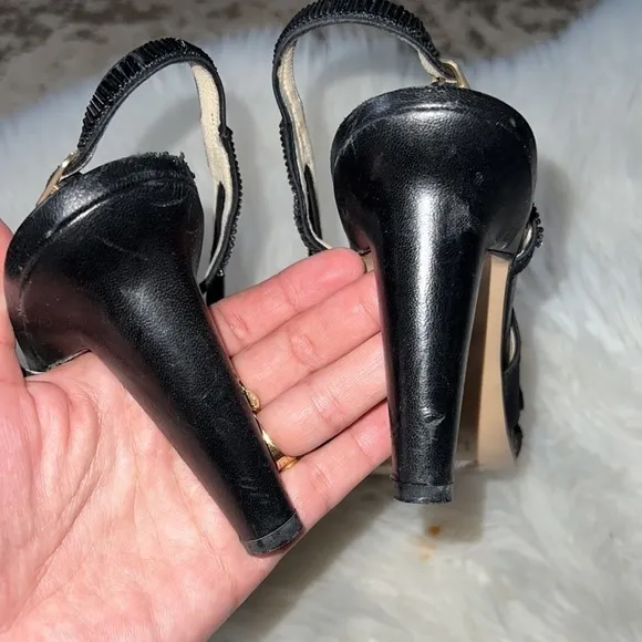BOTTEGA VENETA Black Satin and Leather Slingback Heels