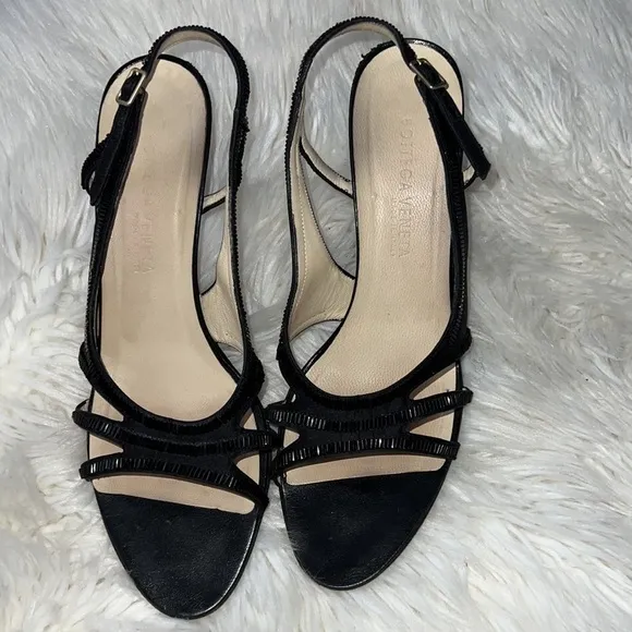 BOTTEGA VENETA Black Satin and Leather Slingback Heels