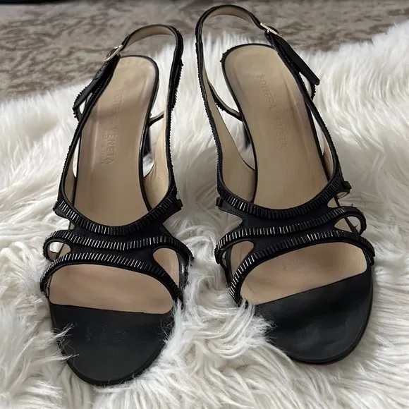 BOTTEGA VENETA Black Satin and Leather Slingback Heels