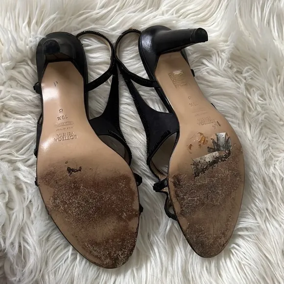 BOTTEGA VENETA Black Satin and Leather Slingback Heels